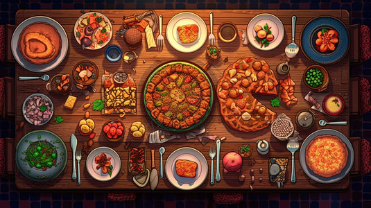 一桌丰富的美食图片