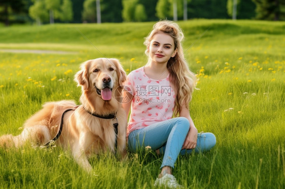 女孩和宠物在草地上图片