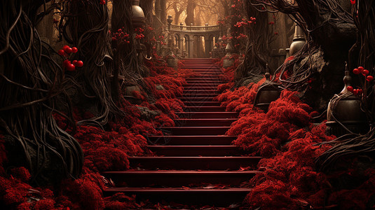 神秘森林中的红地毯背景图片