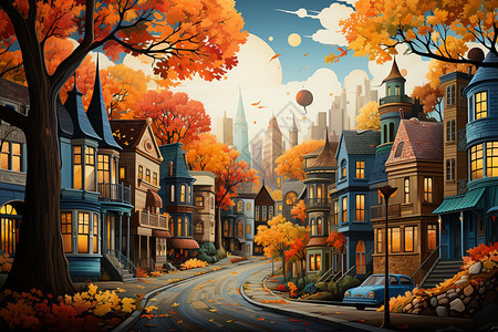 秋天的城市插图图片