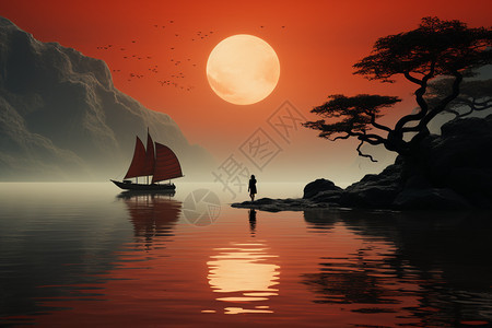 中国风元素的山水插图背景图片