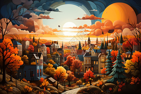 秋天色彩的城市背景图片