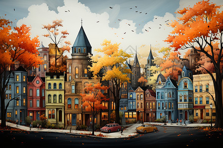 富有想象力的秋天城市景观背景图片