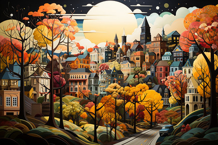 秋天色彩的城市景观背景图片