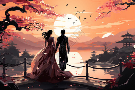 一对穿着传统汉服的中国夫妇站在鹊桥上图片