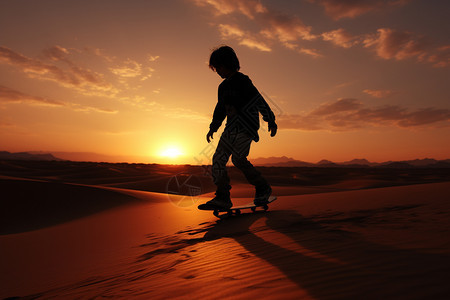 沙漠中滑滑板的孩子图片