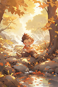 秋天森林中玩耍的小男孩插图图片
