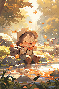 秋天森林中的卡通小男孩图片