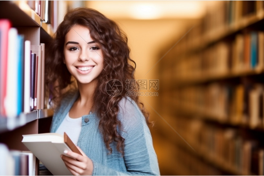 书架旁可爱的大学生图片