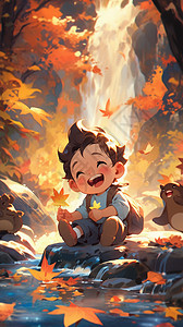 秋天森林中可爱的小男孩背景图片