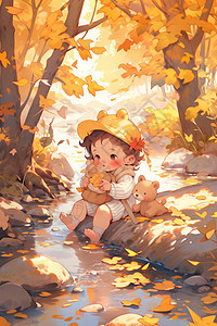 秋天森林河边的小女孩背景图片