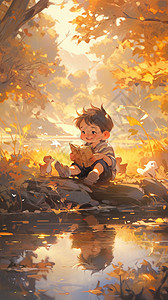 秋天森林中可爱的小男孩图片