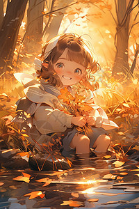 秋天森林中可爱的小女孩图片