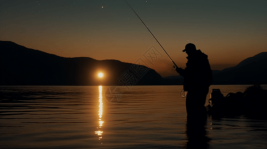 夜晚河边喜爱钓鱼的男人图片