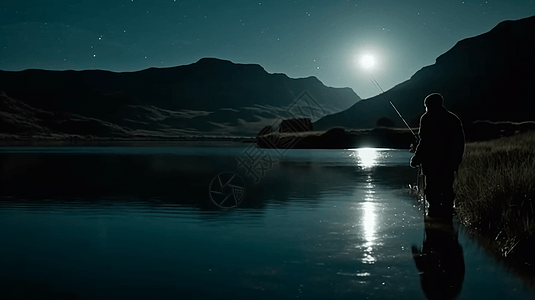 钓鱼夜晚夜晚河边钓鱼的男人背景