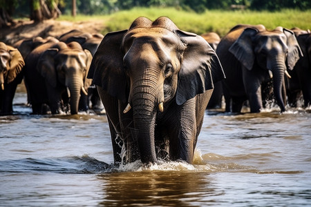 河里饮水的大象图片