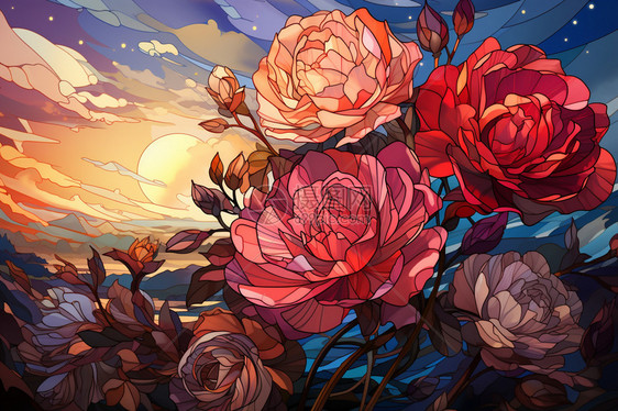 彩色玫瑰复古艺术插画图片