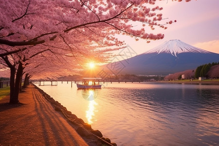 春天富士山下的美丽景观背景图片