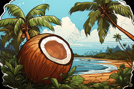沙滩上的椰子卡通插画图片