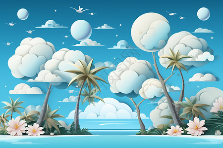 热带海边的椰子树插图图片