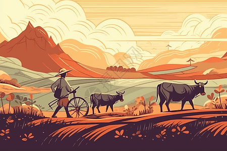 中耕地的牛群和农民图片