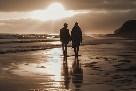 沿着海边散步的老年夫妻图片