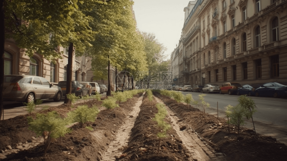 城市道路中间种植的树苗图片
