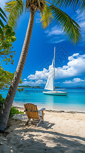 海浪帆船宁静的海滨风光背景