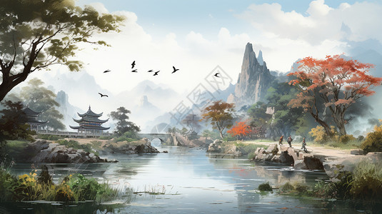 古建筑景观锦鲤背景图片