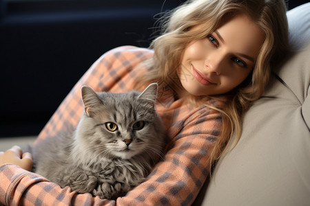 靠着沙发开心抱猫的女孩图片