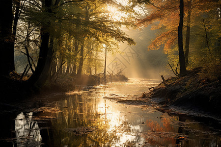 阳光照射的森林湖泊景观图片