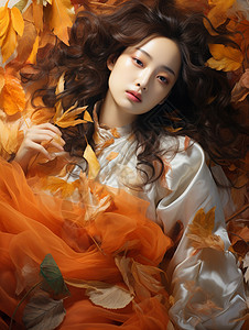 女人躺在落叶间图片