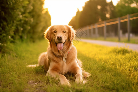 金毛寻回猎犬趴在草地上的金毛狗背景