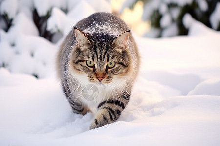 猫在雪地里可爱雪虎高清图片