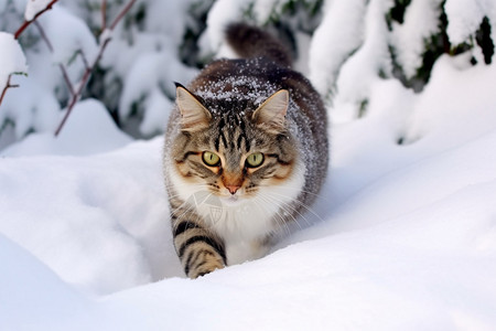 雪地里的虎斑猫高清图片