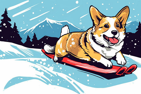 柯基犬在雪橇上滑下雪山图片