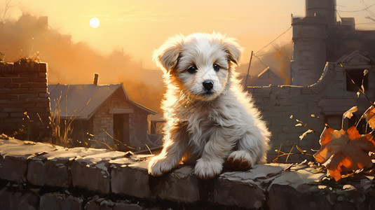日落围墙上的小狗背景图片