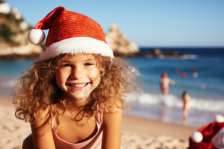 度假海滩上游玩的外国小女孩图片