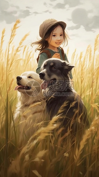 草原上的女孩和狗图片