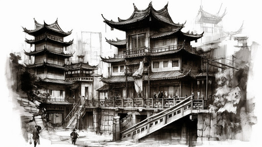 中国水墨风格建筑背景图片