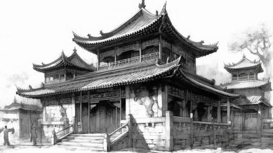 仿古水墨风格建筑背景图片