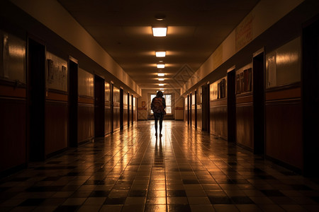 学校空荡荡的走廊上的一个学生背景图片