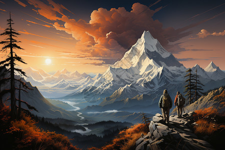 夕阳照耀下上的登山者图片