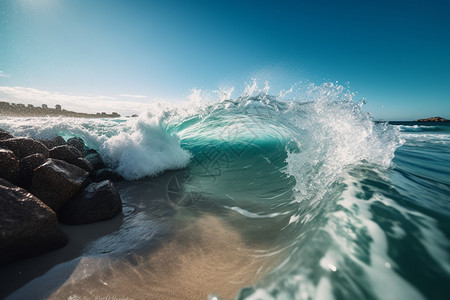 海浪撞击海滩图片