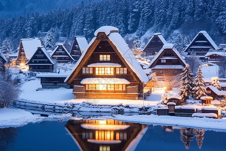 古建筑夜景晚上的村屋背景