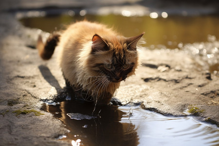 踩到水坑的小猫咪图片