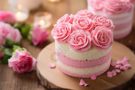 粉色木板粉色玫瑰生日蛋糕背景