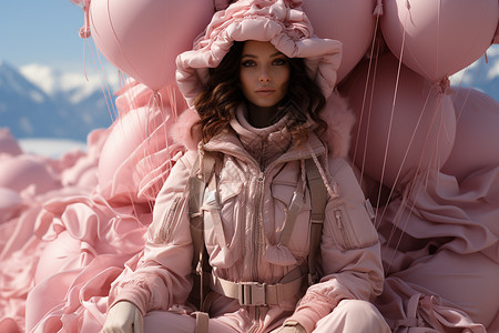 穿着粉色羽绒服的女冒险家背景图片