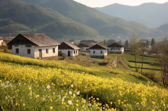 花海边的村庄图片