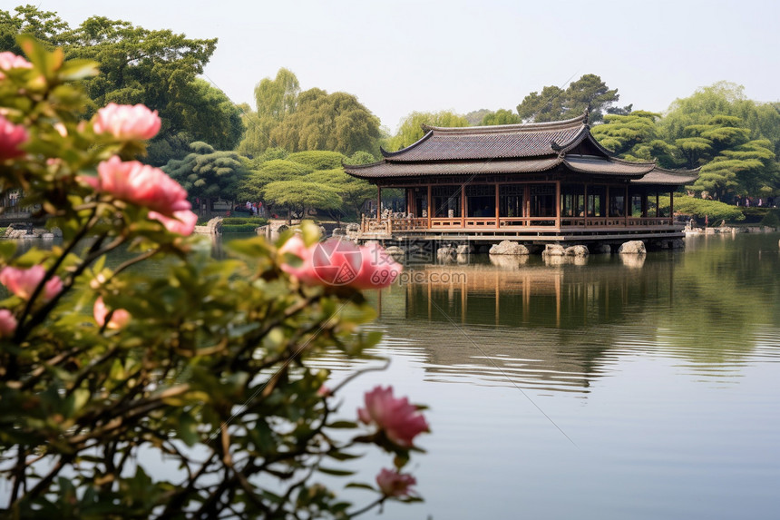 花园内的池塘和建筑图片